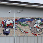 "Three coloured flame", 2009. Collaboration to the project of Scuola Mosaicisti del Friuli for Spilimbergo police station, on a drawing by Daniela Cantarutti. 1000 x 250 cm