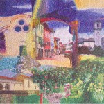 "Il territorio", 2009. Collaborazione al progetto della Scuola Mosaicisti del Friuli, ideazione di Stefano Jus, per la sede di BCC Spilimbergo. 210 x 200 cm