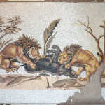 "Boar hunting", interpretated copy of a roman mosaic (Tunisia), 2010. Floor insert. 200 x 150 cm